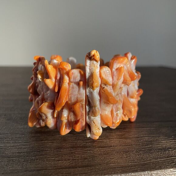Natural Orange Spiny Oyster Shell Bracelet 7" Stretch Druzy Spikey Bead New - Picture 2 of 9